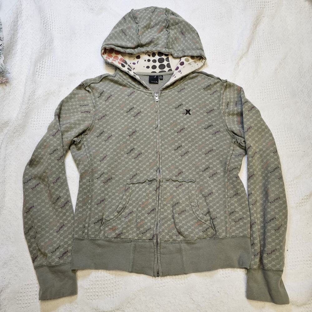 Hurley Logo Print Fleece Full Zip Hoodie Green Pockets women's Size XL